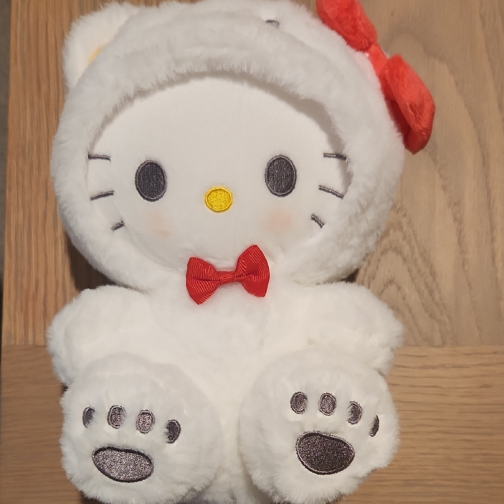 White Plush Hello Kitty Style Plush with Red Bow!